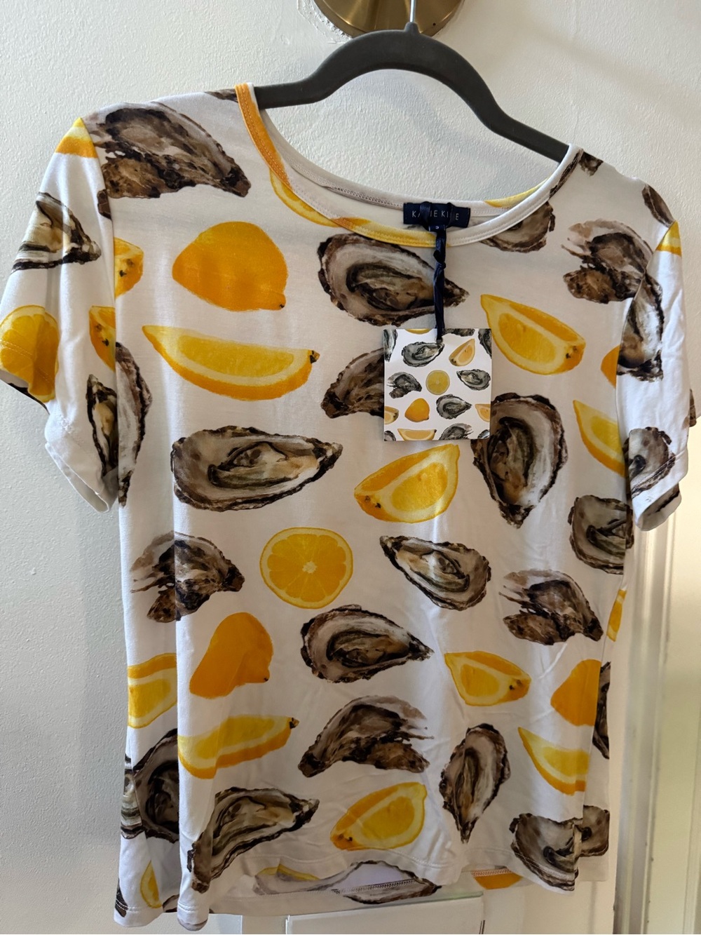 Katie Kime White Tee with Yellow Lemon & Brown Oyster Print